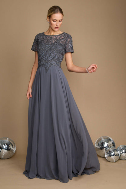 Short sleeve chiffon mother of bride formal gown with diamond embroidery bodice and scoop neckline