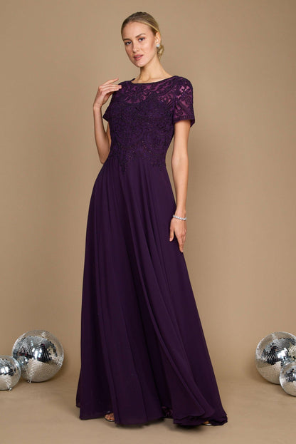 Short sleeve chiffon mother of bride gown with diamond-embellished bodice and scoop neckline
