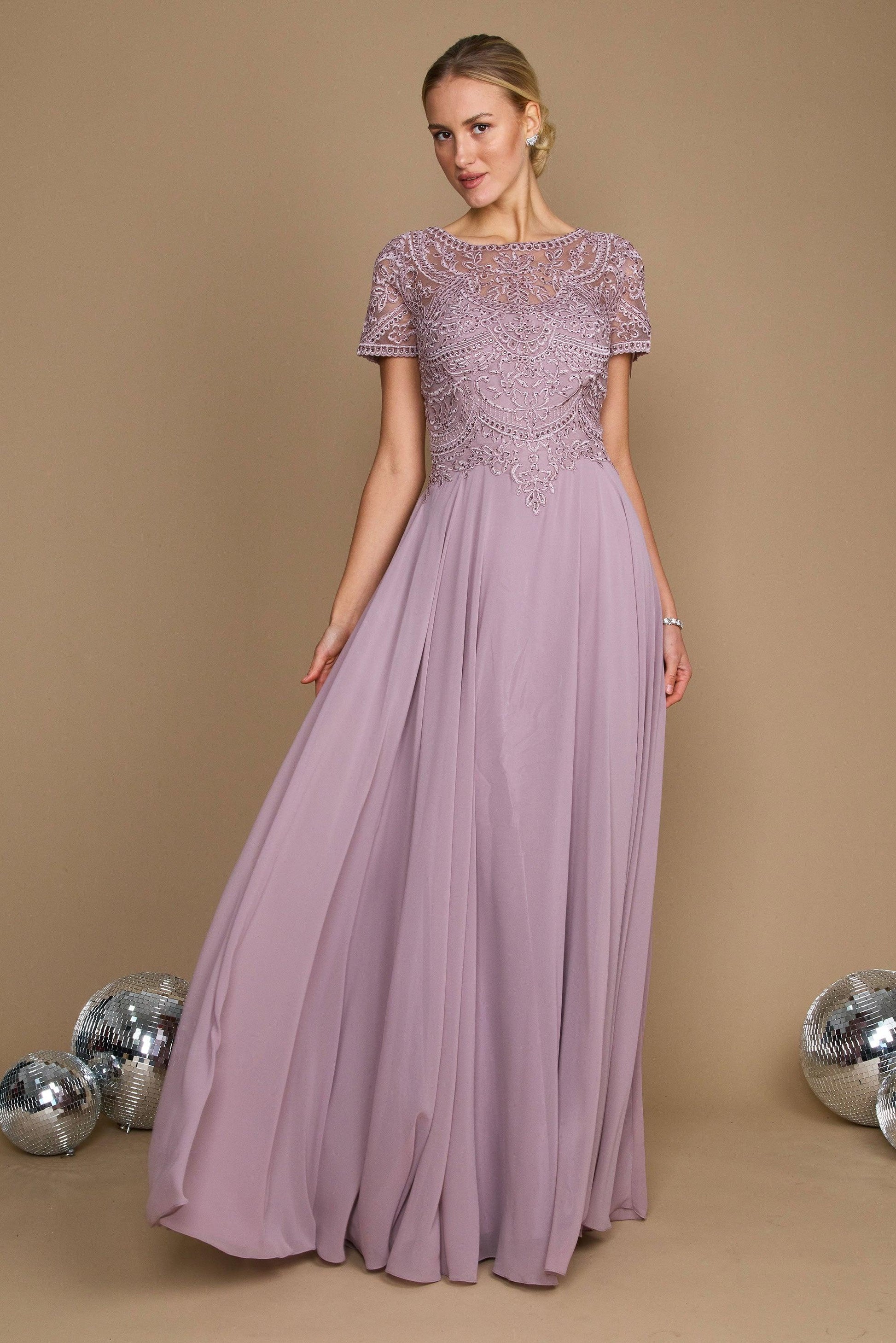 Short sleeve chiffon mother of bride gown with diamond-embellished bodice and scoop neckline