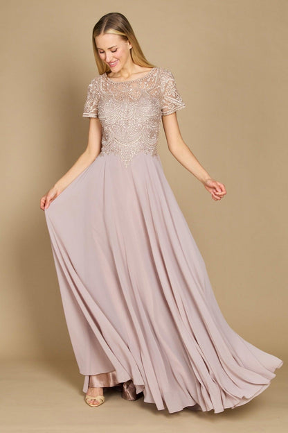 Short sleeve chiffon mother of bride formal gown with diamond-embellished bodice and scoop neckline