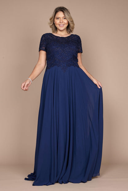 Short sleeve chiffon mother of the bride gown with diamond-embellished bodice and scoop neckline