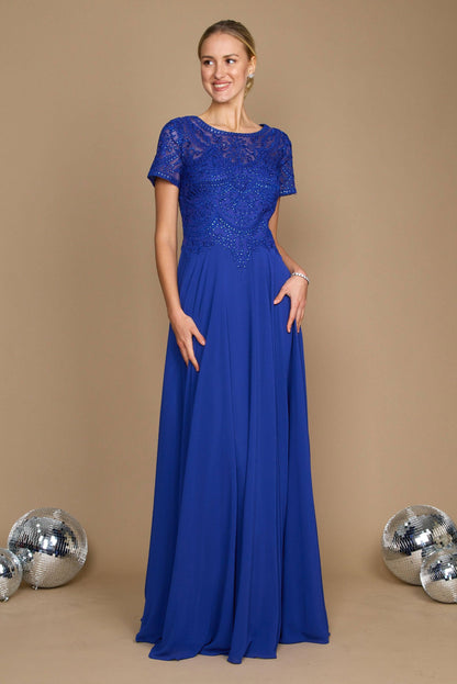 Short sleeve chiffon mother of bride gown with diamond embroidered bodice and scoop neckline