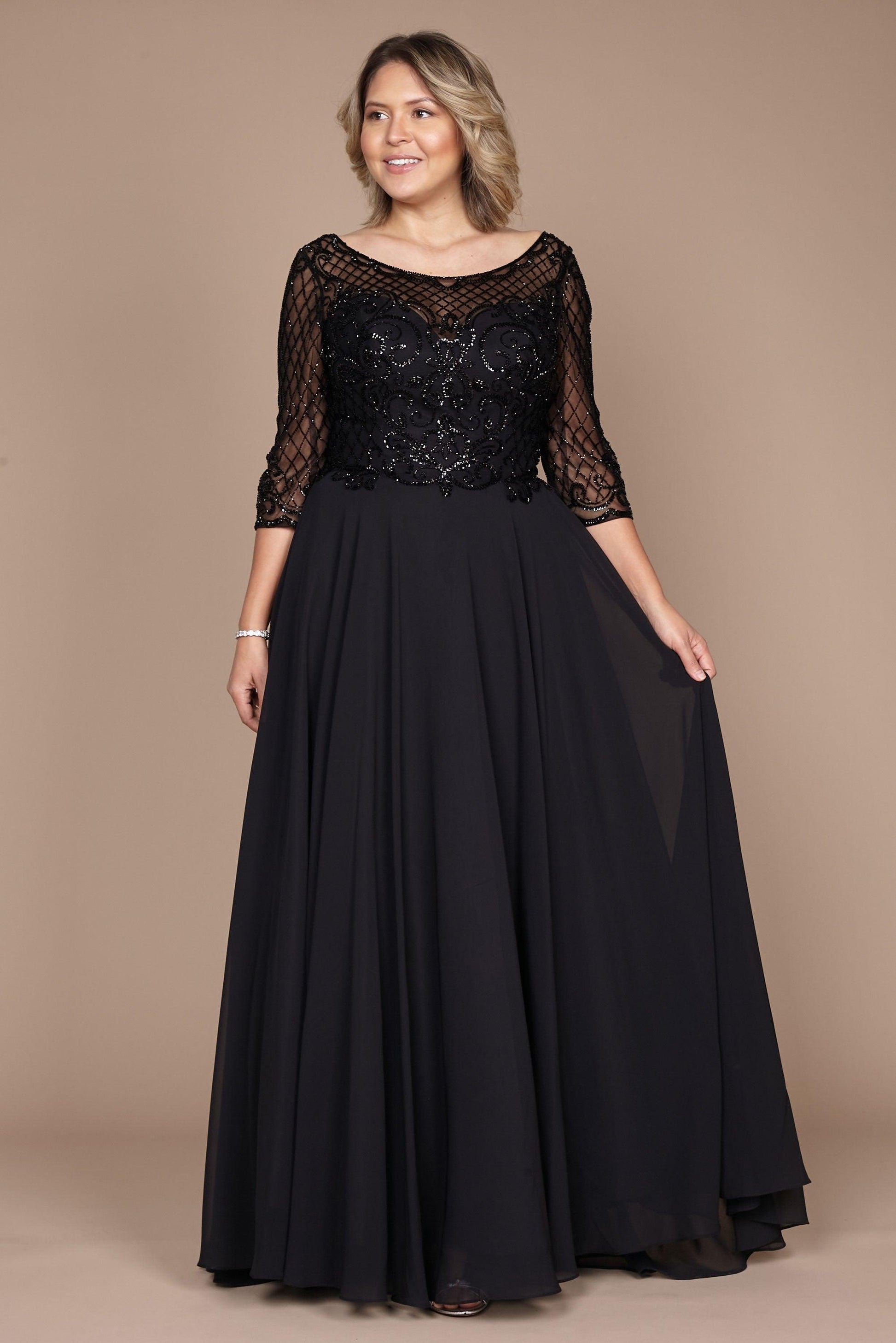 Elegant hand-beaded long sleeve mother of the bride dress with sheer sleeves and flowing chiffon skirt