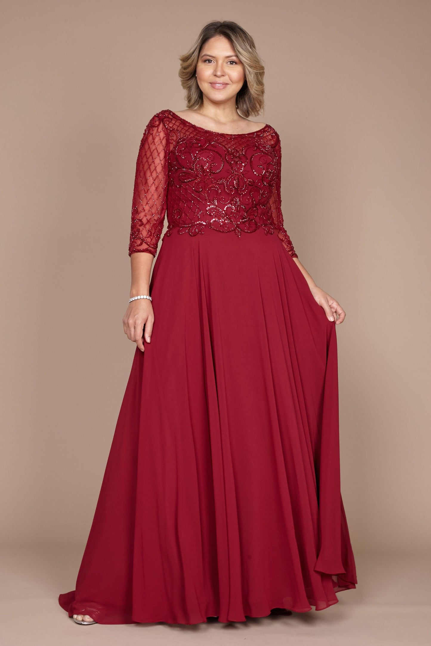 Elegant navy hand-beaded long sleeve mother of the bride dress with sheer sleeves and chiffon skirt
