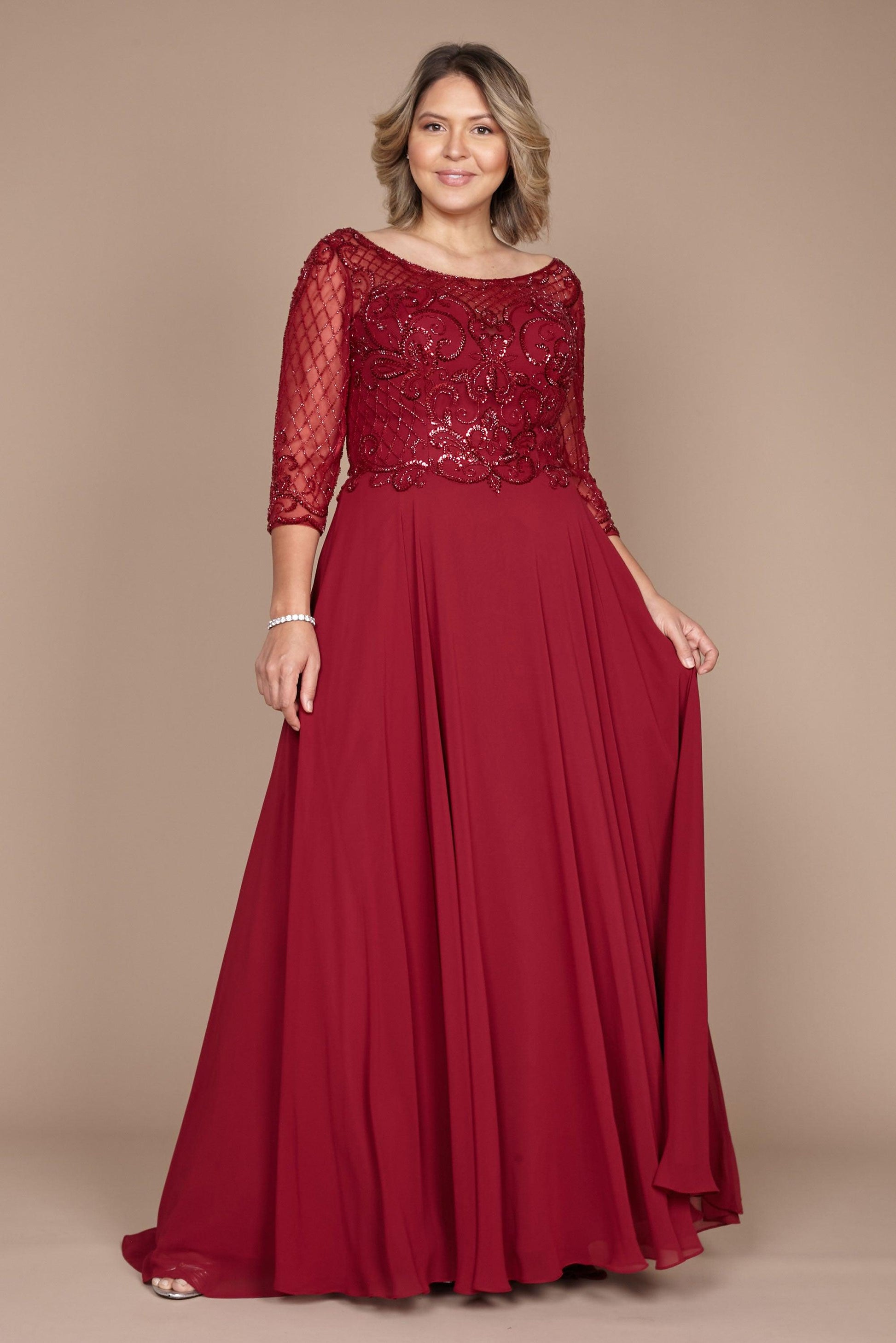 Elegant navy hand-beaded long sleeve mother of the bride dress with sheer sleeves and chiffon skirt