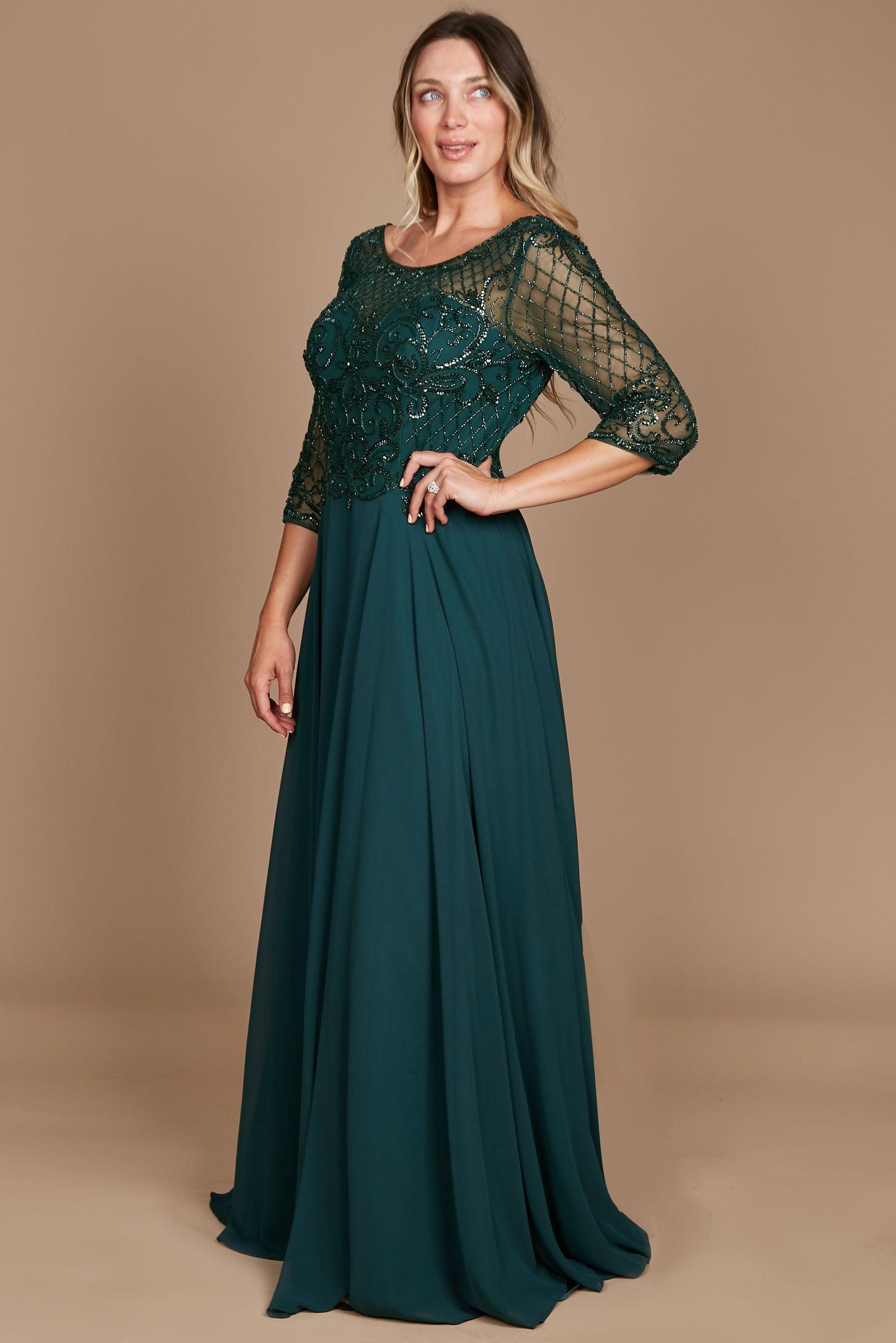 Champagne hand-beaded long sleeve mother of the bride dress with sheer sleeves and flowing chiffon skirt