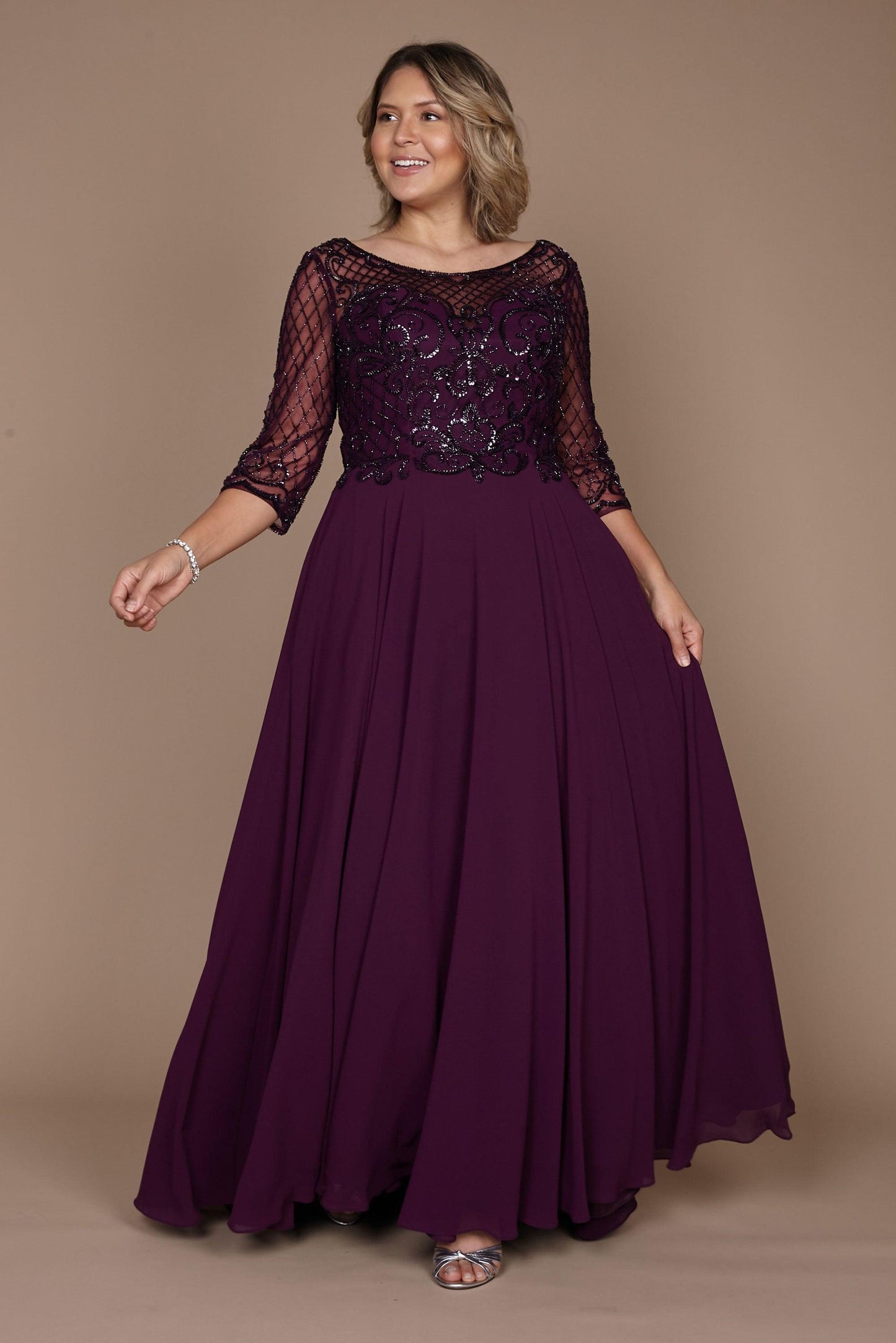 Champagne long sleeve mother of bride dress hand beaded bodice sheer sleeves flowing chiffon skirt