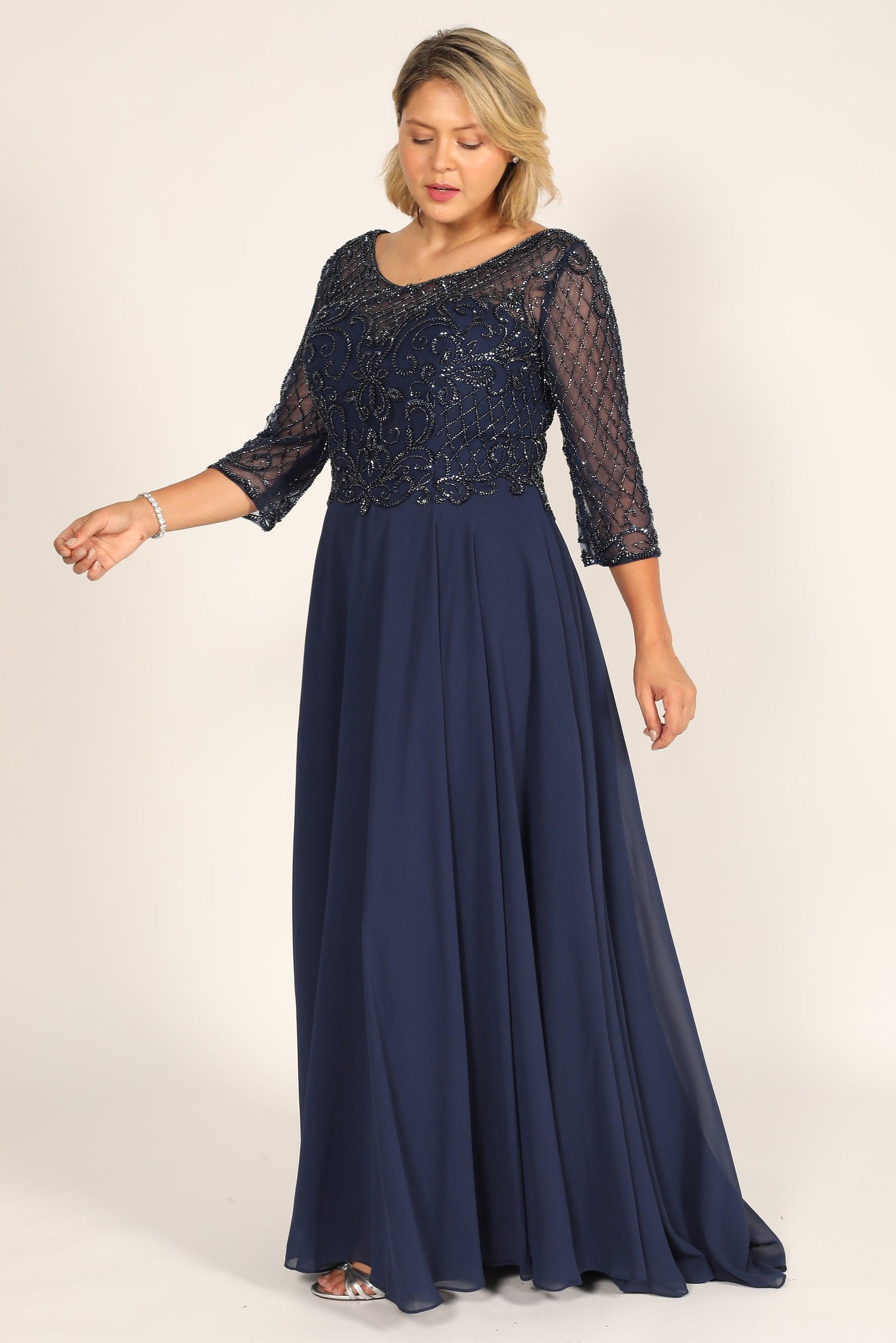 Navy blue long sleeve mother of bride dress hand-beaded bodice flowing chiffon skirt formal gown