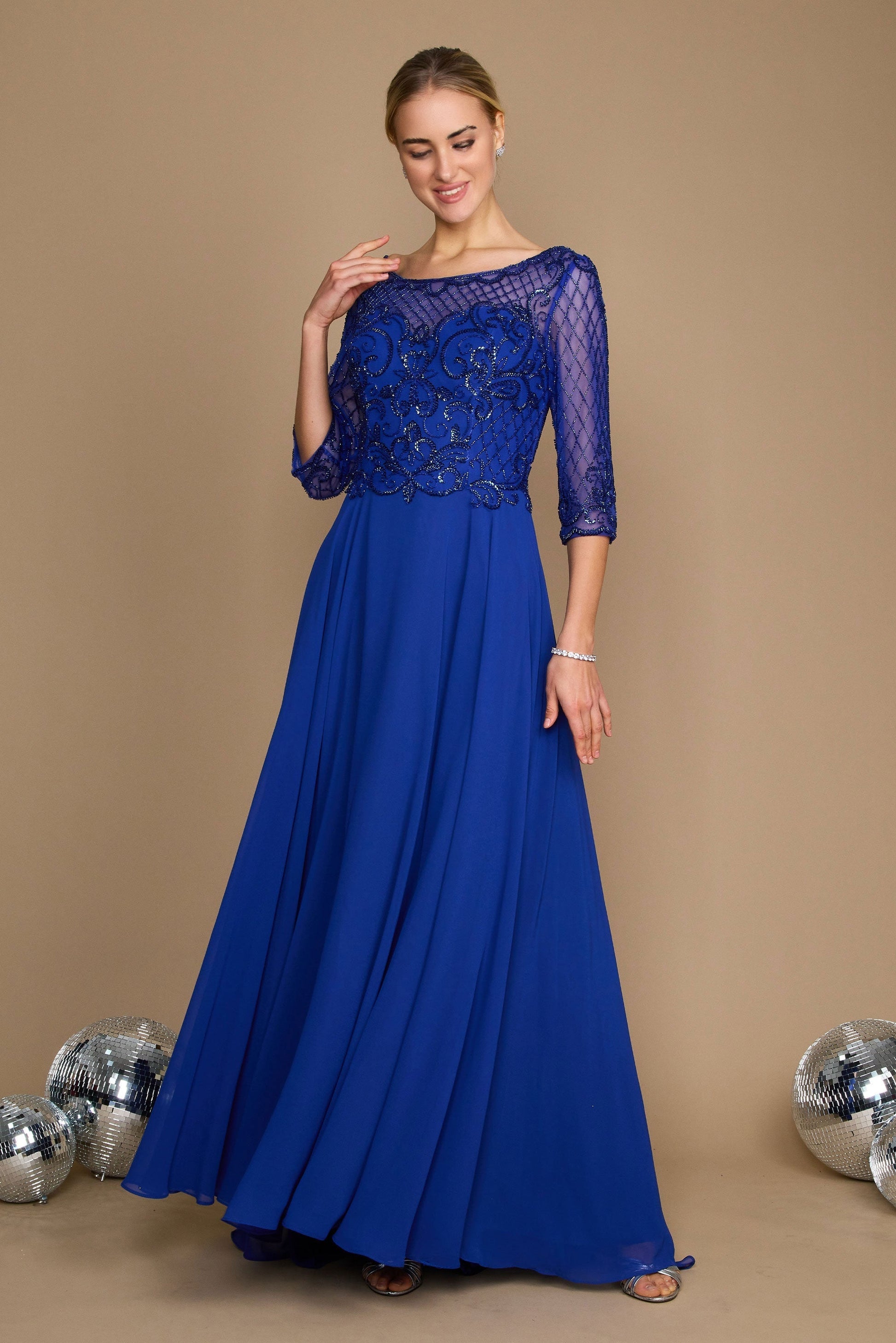 Elegant champagne hand-beaded long sleeve mother of the bride dress with sheer sleeves and chiffon skirt
