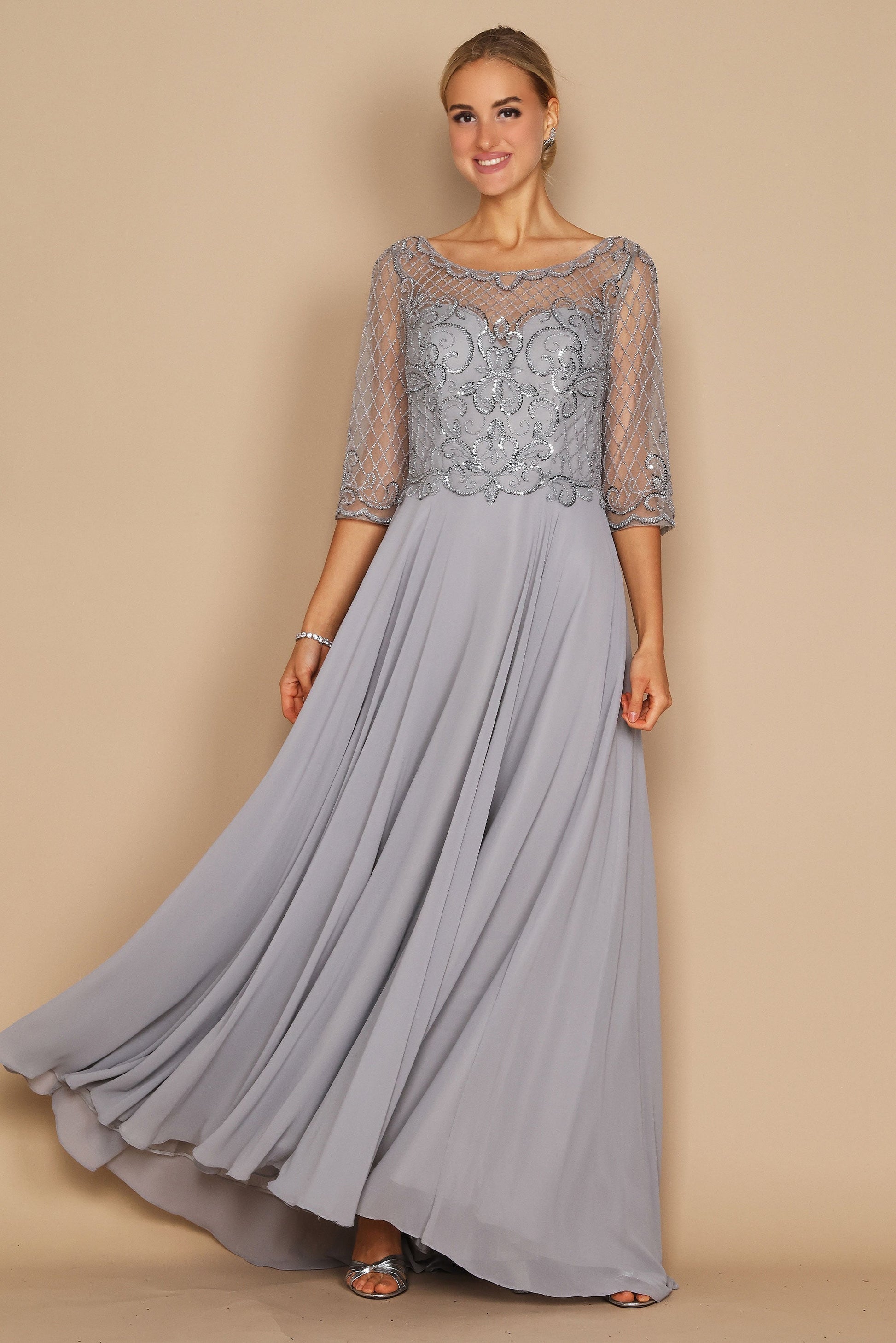 Elegant navy hand-beaded long sleeve mother of the bride dress with sheer sleeves and chiffon skirt