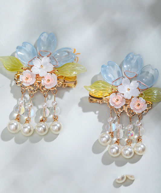 Paire d'épingles à cheveux à pompon floral en alliage de cuivre et perles colorées pour filles - Wavlynn