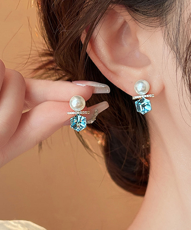 Boucles d'oreilles à tige en alliage de cuivre bleu lac avec perles de zircon - Wavlynn