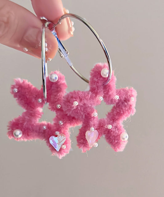 Boucles d'oreilles créoles en acier inoxydable rose à cinq branches en fourrure duveteuse - Wavlynn