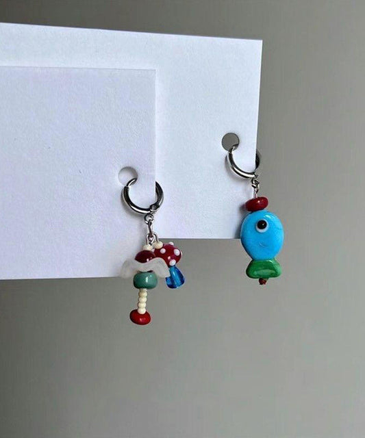 Boucles d'oreilles pendantes asymétriques en acier inoxydable, petits poissons et champignons - Wavlynn
