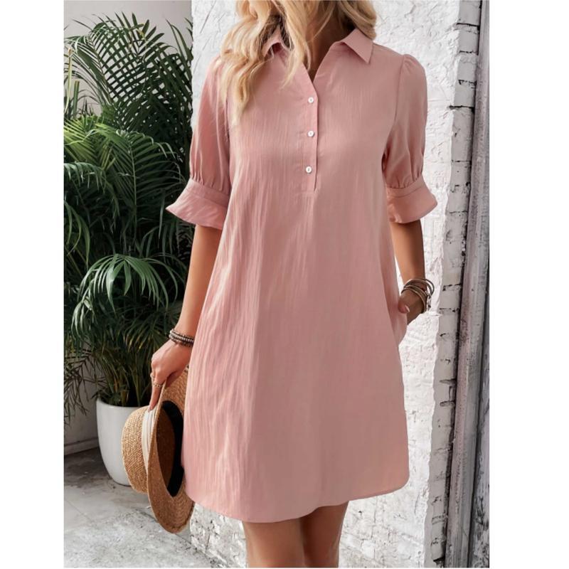 Black women's button-down shirt dress, A-line knee-length silhouette with 3/4 sleeve flared ruffle cuffs