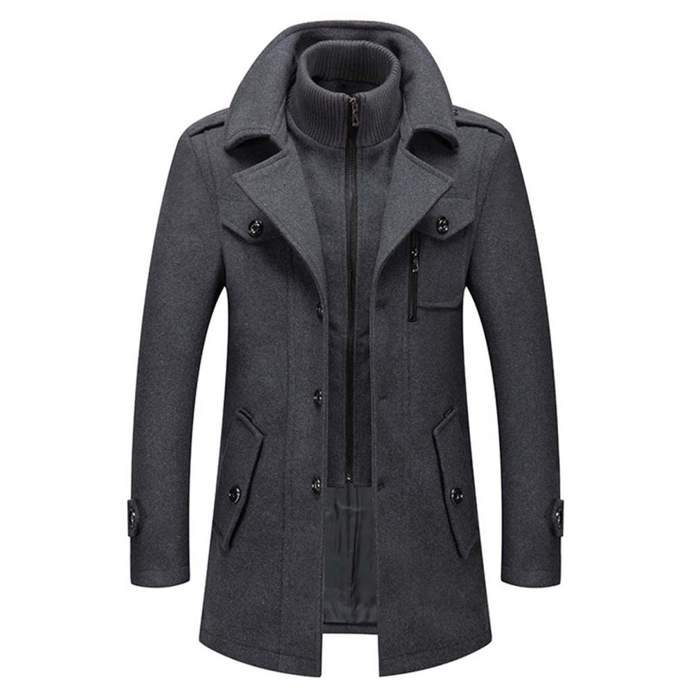 Men's wool blend double-breasted high collar coat with built-in ribbed layer, sleek winter outerwear