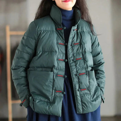 Black quilted down jacket with mandarin collar, knotted toggle closures and oversized patch pockets