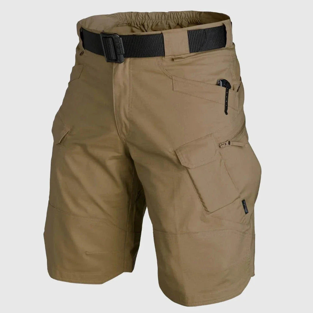 Men's olive tactical cargo shorts with multi-pocket design, durable cotton-polyester blend for outdoor travel