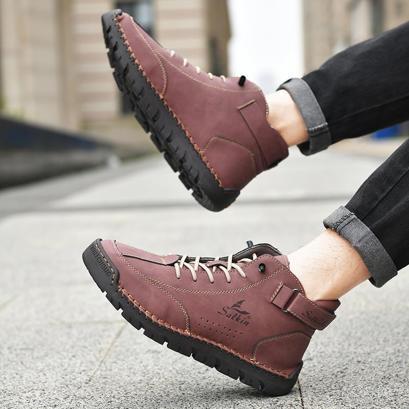 Dalton brown vegan leather boots with contrast stitching, padded ankle support, and rugged rubber sole