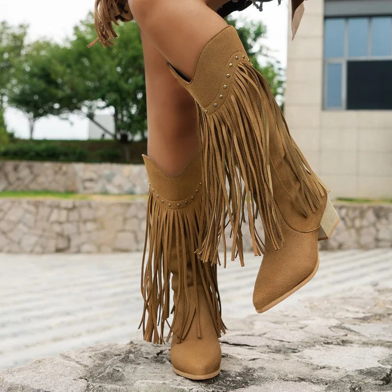 Women's black fringe high heel boots with metal stud accents, Western-inspired stacked heel