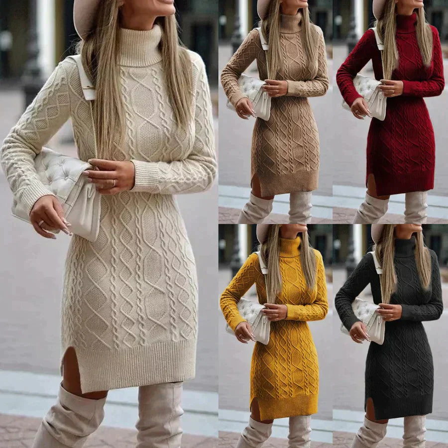 Elegant knee-length winter knit dress in classic silhouette, 70% acrylic blend for warmth