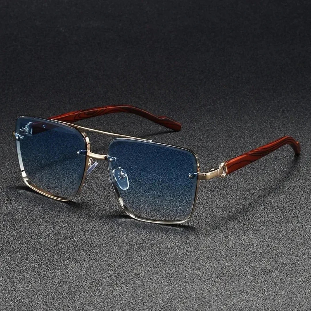 Damon square sunglasses with polished gold metal frame and woodgrain temple accents vintage-inspired