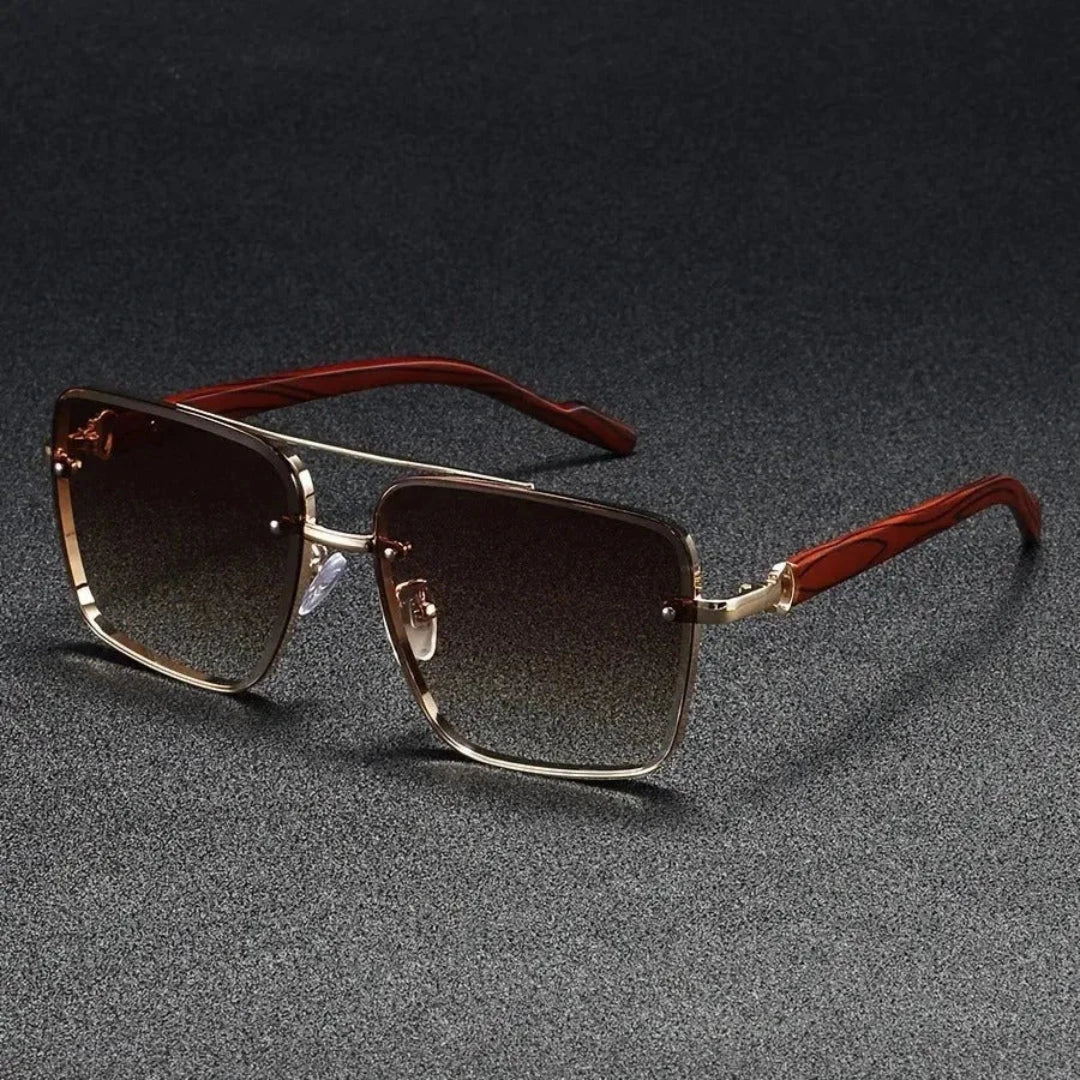 Damon square sunglasses with polished gold metal frame and woodgrain temple accents vintage-inspired