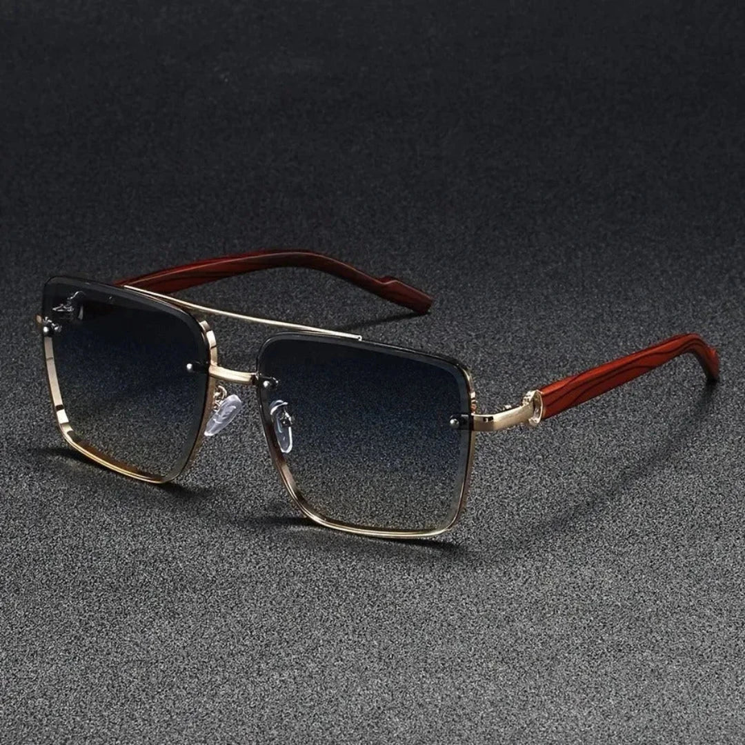 Damon square sunglasses with polished gold metal frame and woodgrain temple accents vintage-inspired