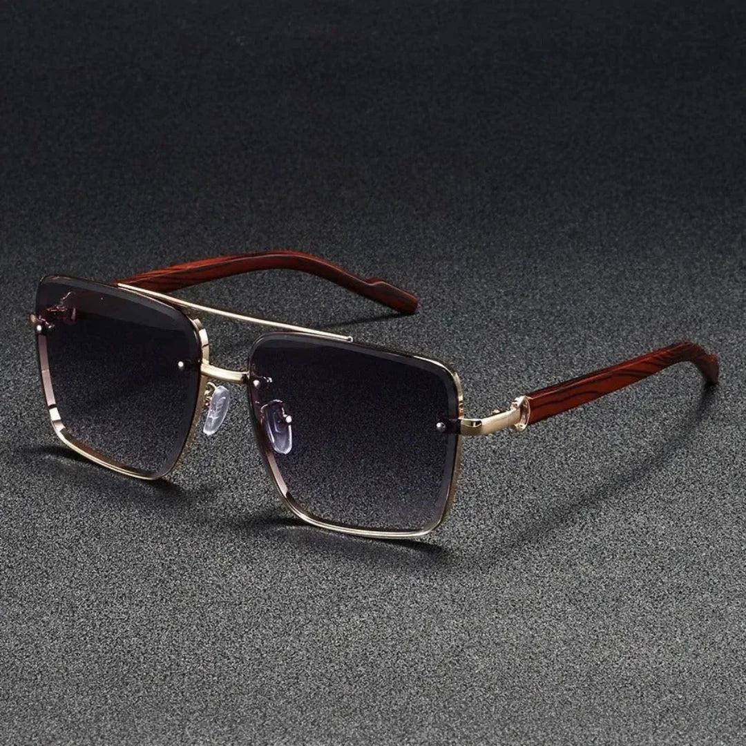 Damon square sunglasses with polished gold metal frame and woodgrain temple accents vintage-inspired