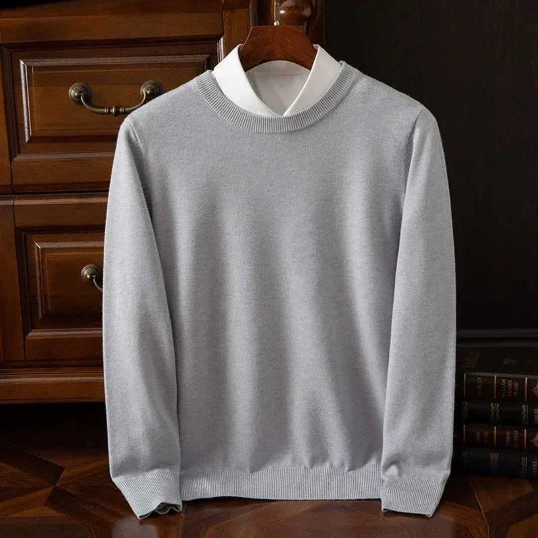 Men's camel cashmere crew neck sweater with ribbed cuffs, lightweight luxury knitwear