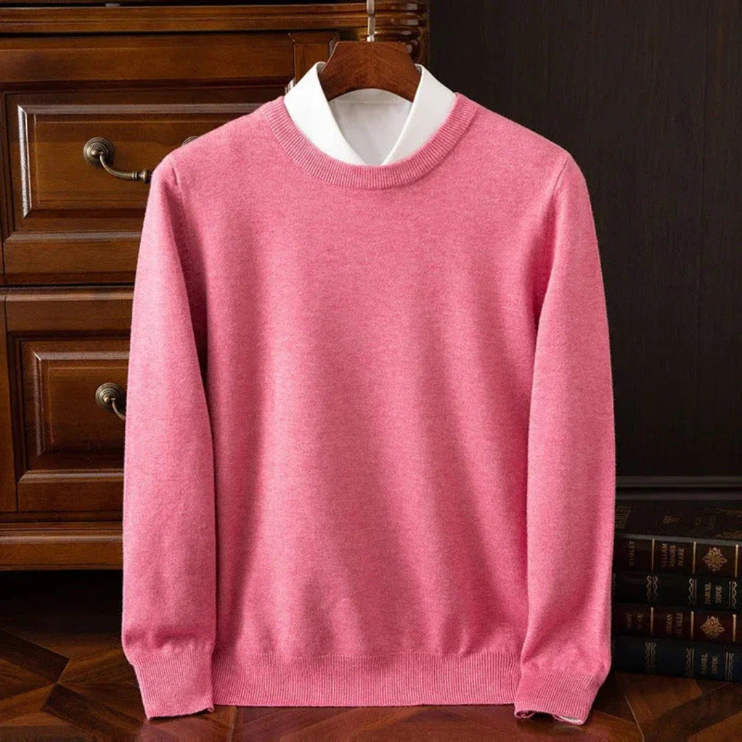 Dan cream crew neck cashmere sweater with ribbed cuffs and hem, lightweight luxurious knit