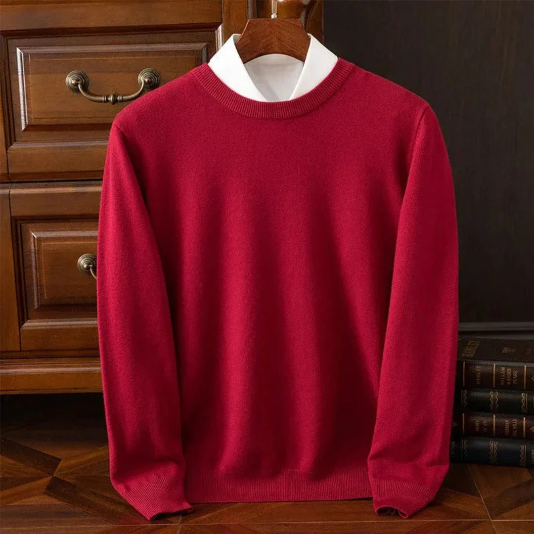 Men's cream cashmere crew neck sweater with ribbed cuffs and hem, lightweight premium knit