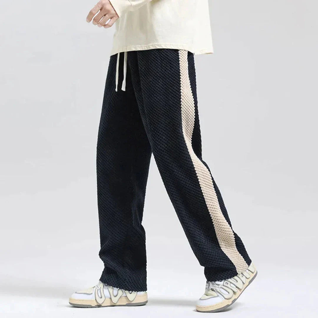 Men's gray waffle-knit joggers with contrast side stripe and drawstring waist