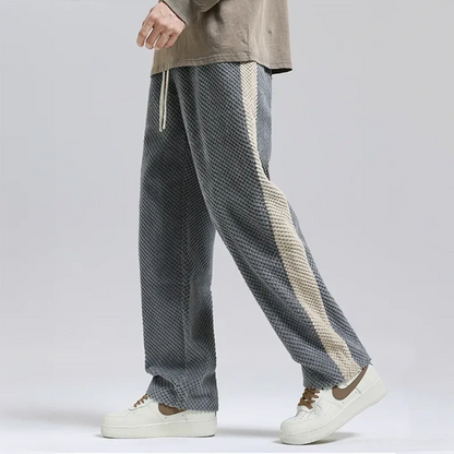Gray waffle-knit joggers with contrast side stripe and adjustable drawstring waistband