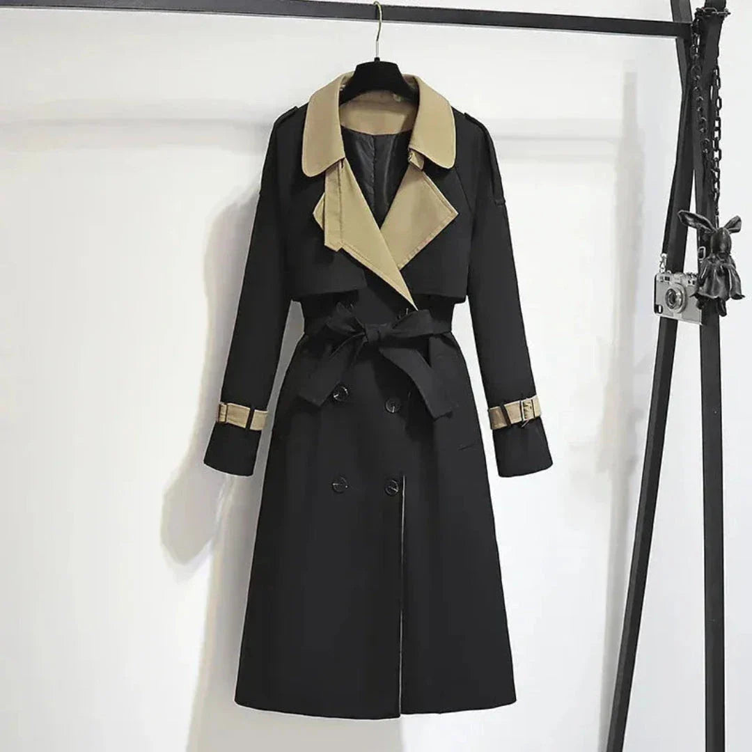 Dani two-tone belted double-breasted trench coat with contrasting lapel, tailored mid-length silhouette