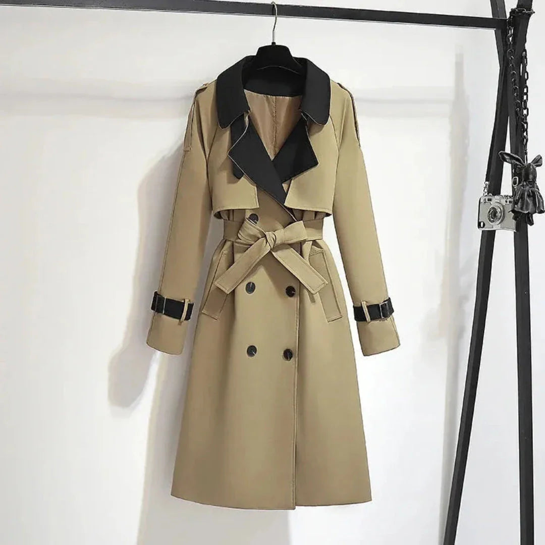 Women's two-tone belted double-breasted trench coat with contrasting lapel mid-length tailored fit