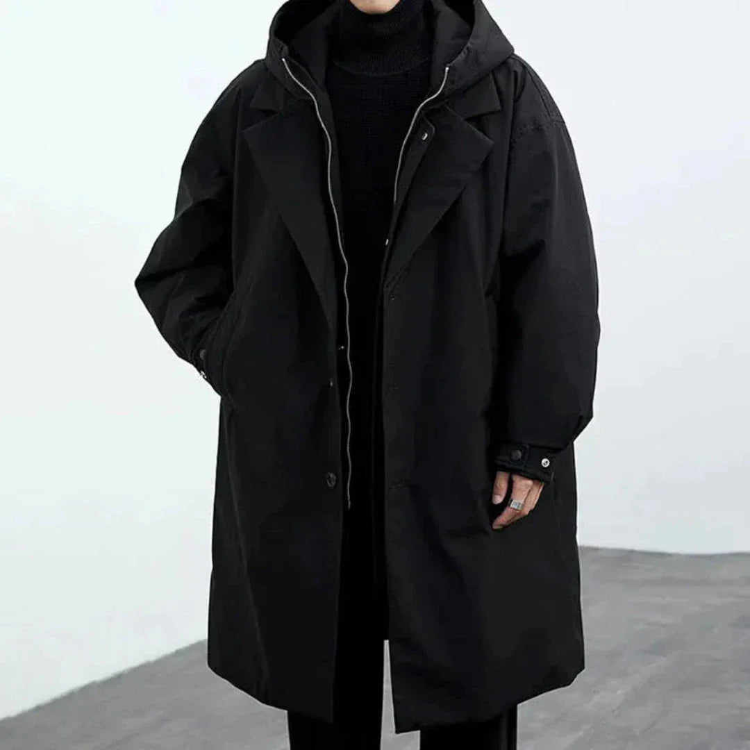Oversized hooded trench coat beige windbreaker mid-thigh silhouette with detachable hood