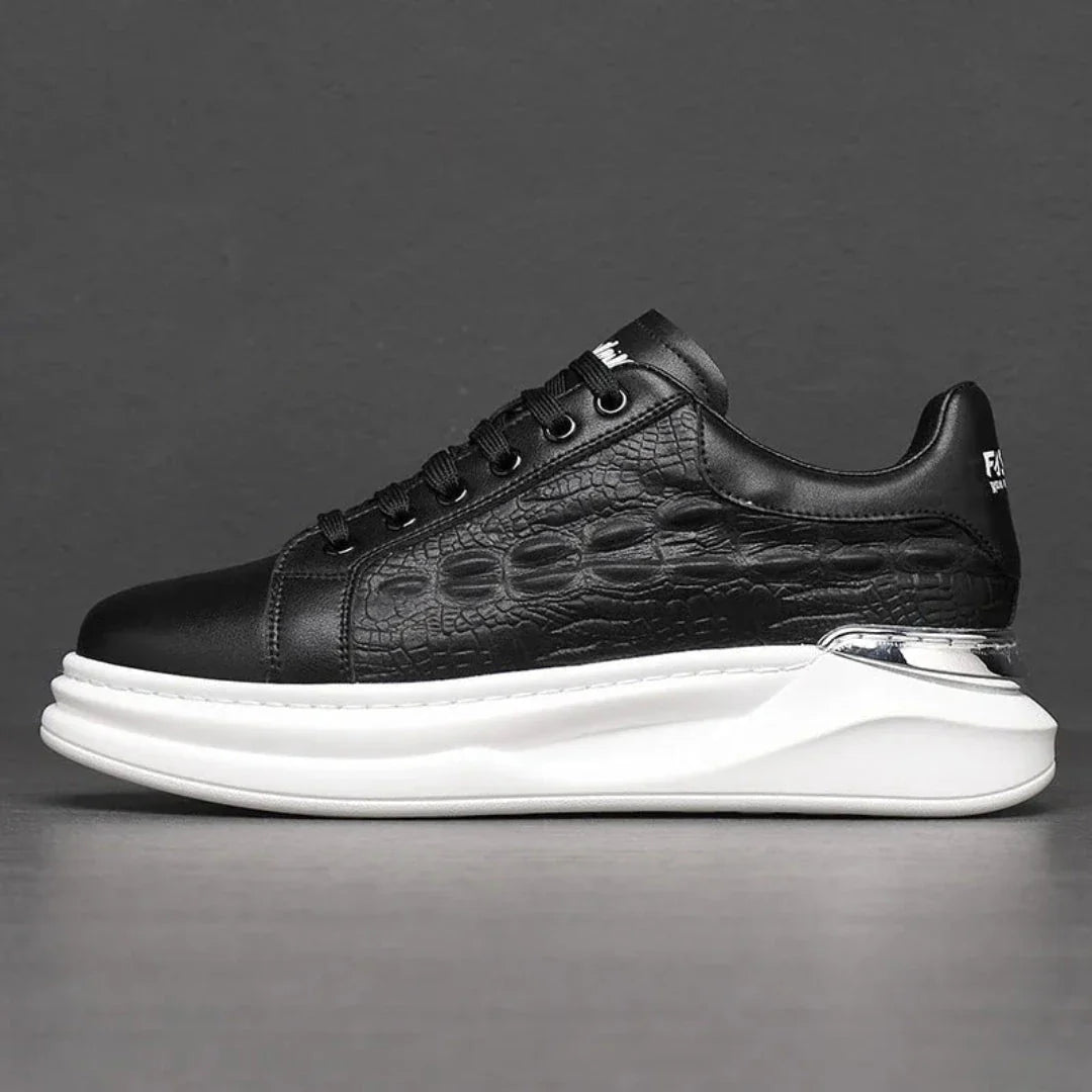 Men's white croc-embossed leather sneakers with cushioned futuristic sole, urban luxury style