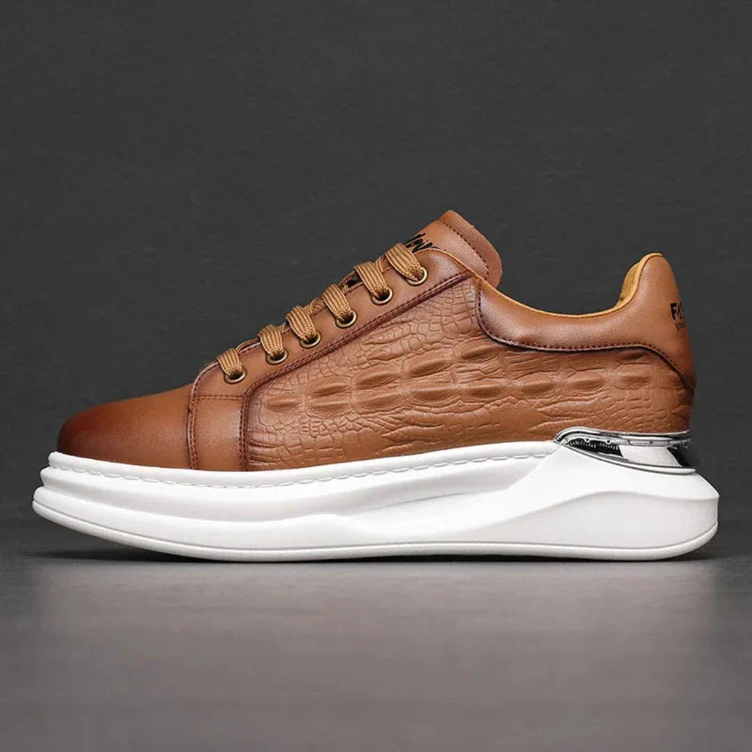 Men's white croc-embossed leather sneakers with cushioned futuristic sole, urban fashion style