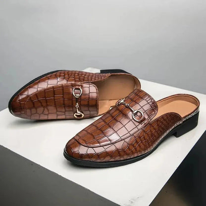 Dante croc-embossed faux leather backless mules with polished metal detail, neutral tone