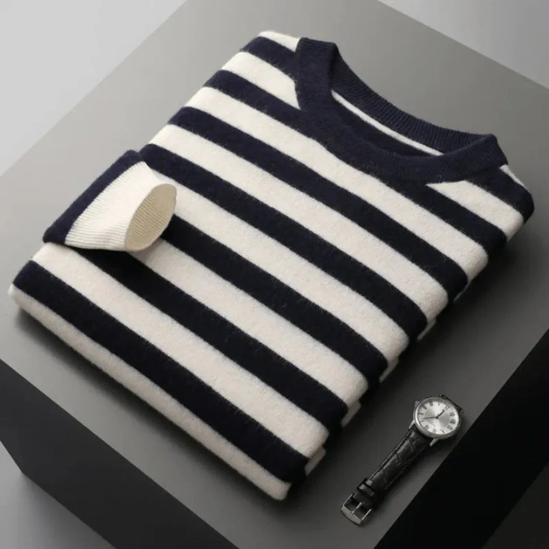 Dariel crewneck wool stripe sweater in bold nautical colors with ribbed cuffs and classic knit