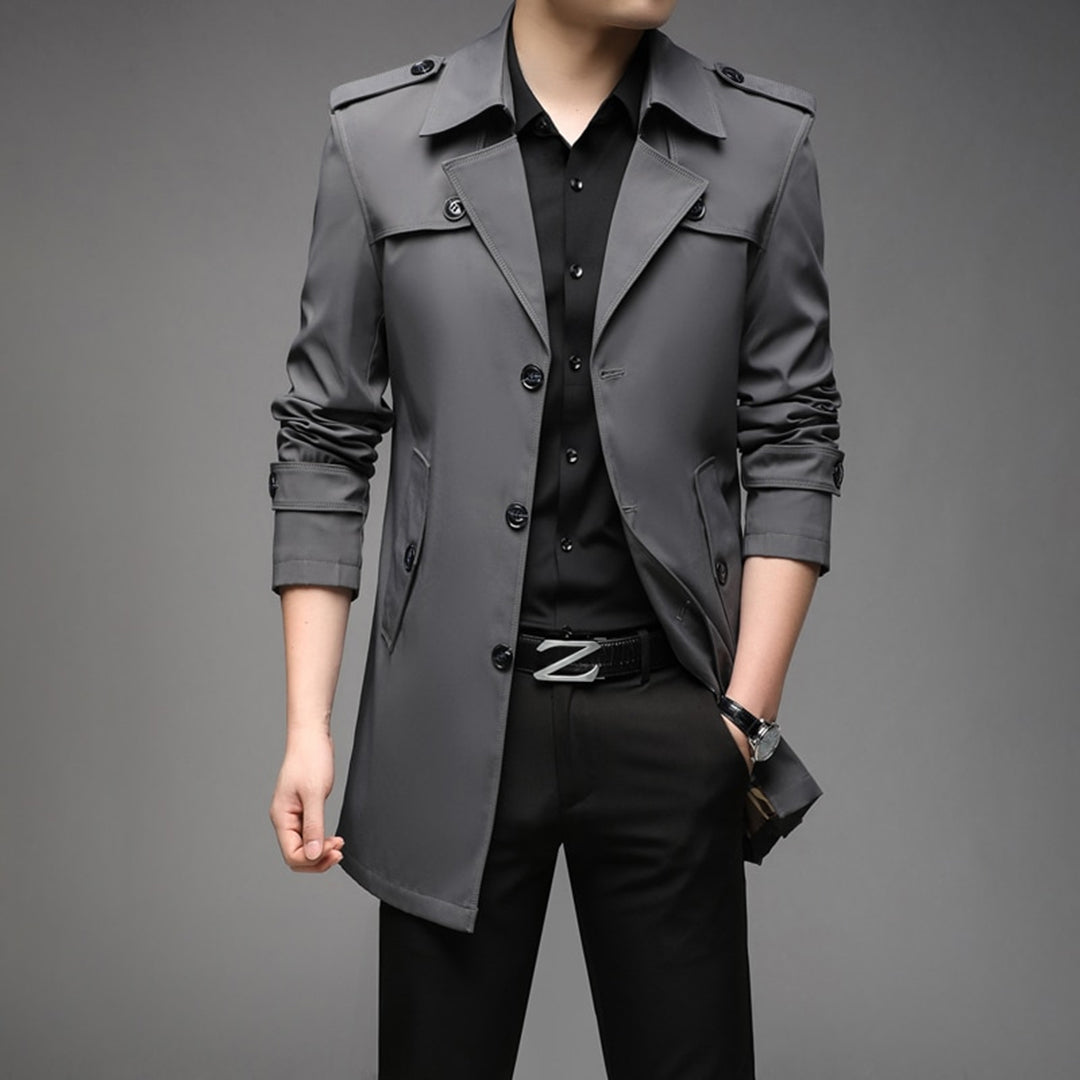 Men's beige single-breasted lightweight trench coat with streamlined silhouette for transitional wear