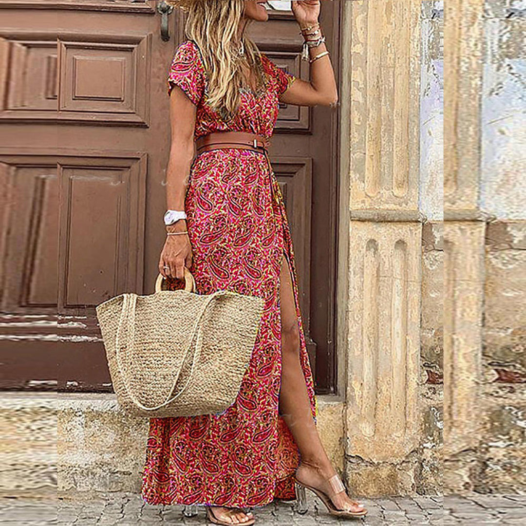 Women's boho maxi dress paisley pattern V-neck short sleeves flowing viscose blend leg slit