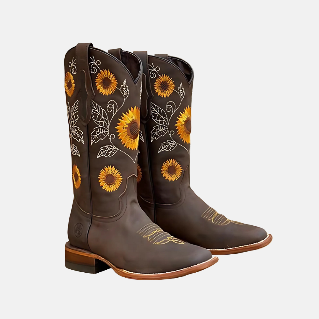 Women's brown leather mid-calf western boots with stacked Cuban heel and sunflower embroidery