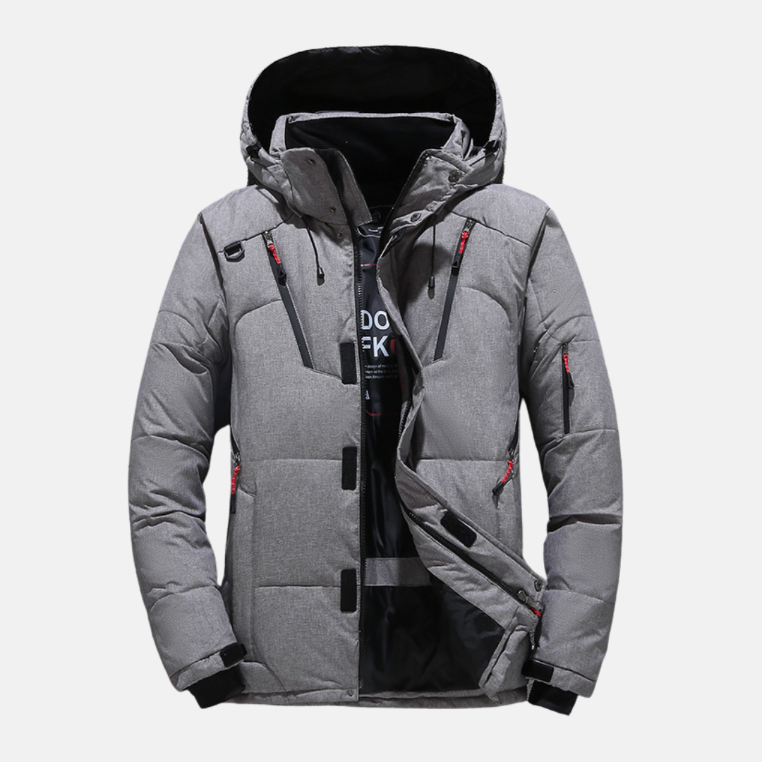 Men's black quilted insulated hooded jacket relaxed hip-length fit padded winter coat