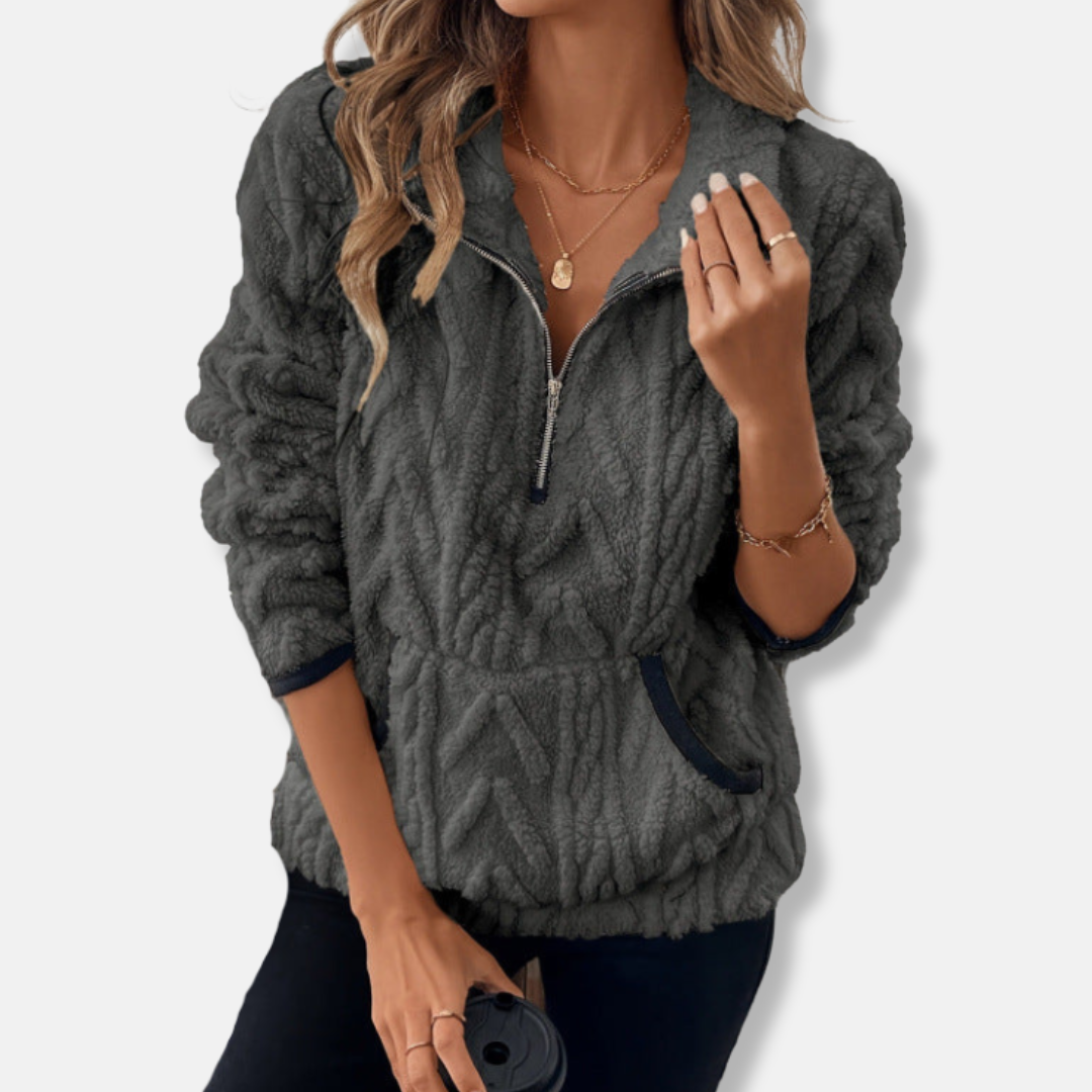 Women's plush fleece pullover sweatshirt, relaxed fit, stand collar half-zip with kangaroo pocket