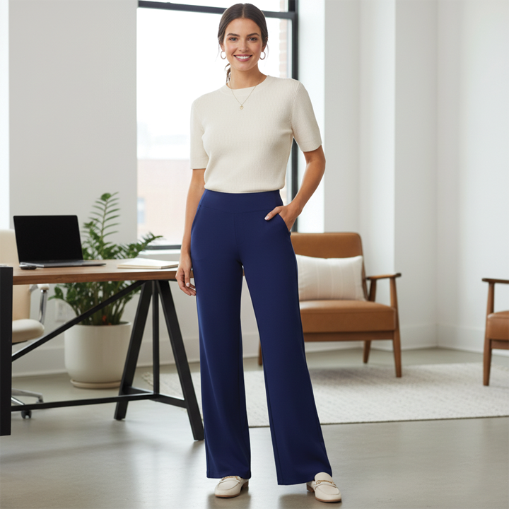 Black wide-leg high-rise trousers with sleek front panel for polished effortless style