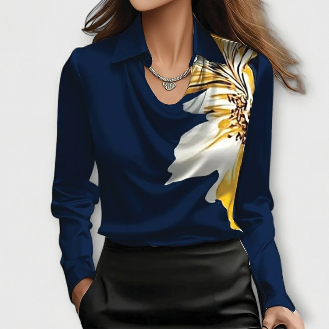 Women's scarlet satin blouse slim fit draped cowl neckline with luxurious sheen by Wavlynn