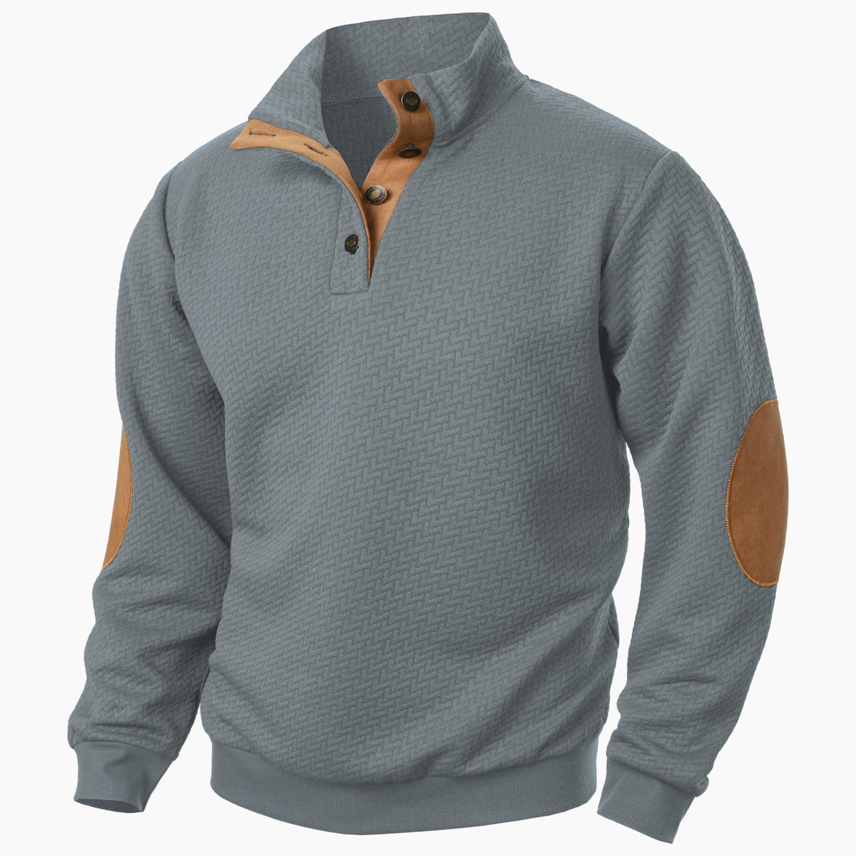 Men's casual sweatshirt relaxed fit stand collar textured knit fabric with contrast elbow patches