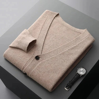 Women's classic wool cardigan in neutral tone, tailored V-neck fit with tonal buttons and ribbed detailing